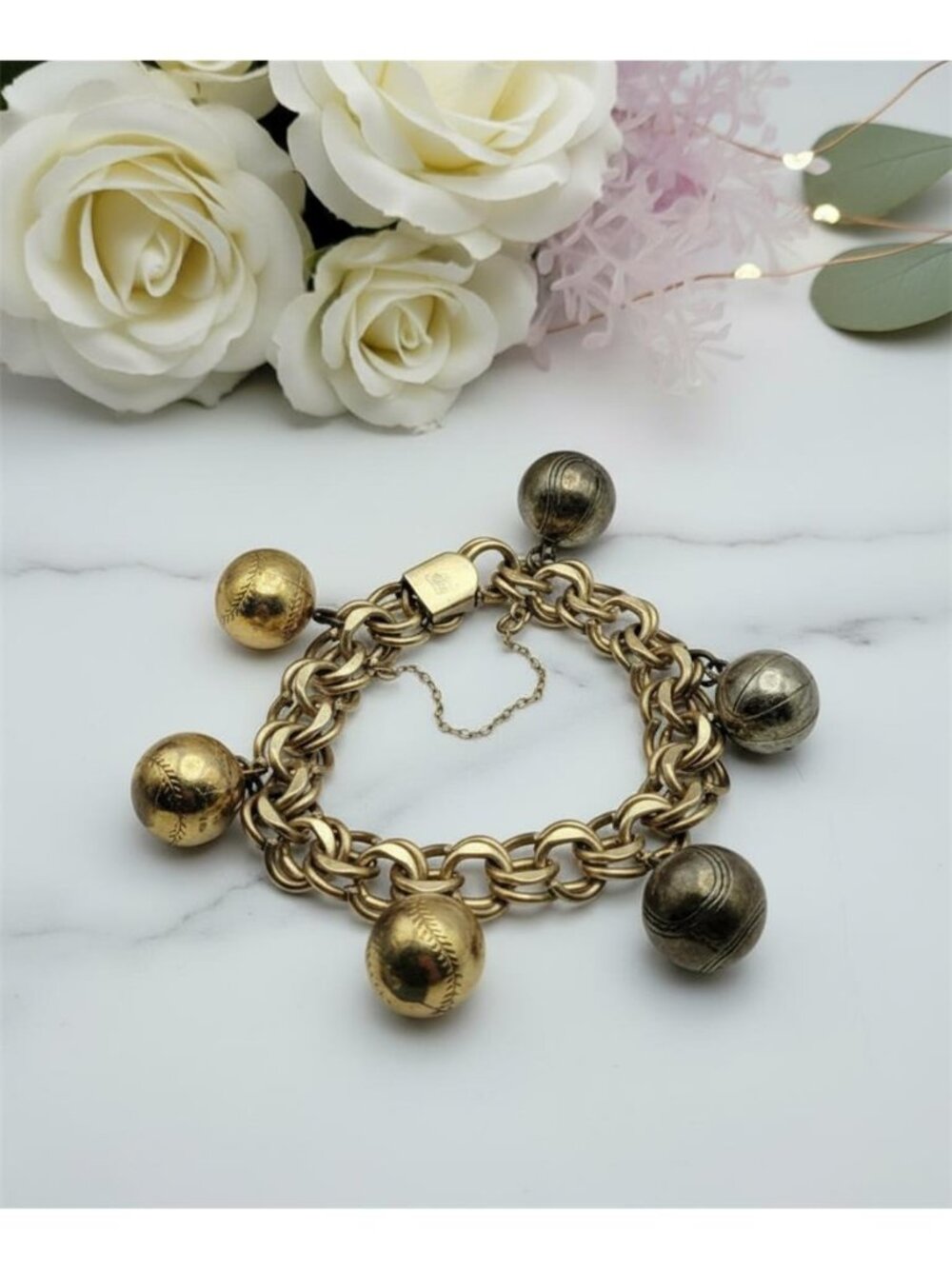 Vintage ELCO 12K GF Cha Cha Bracelet Sterling & 10K Gold Ball Charms 7 I